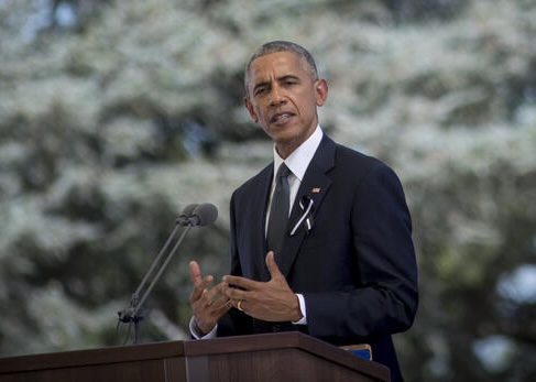 Barack Obama speaks at the funeral of former Israeli President Shimon Peres at Mount Herzl in Jerusalem.