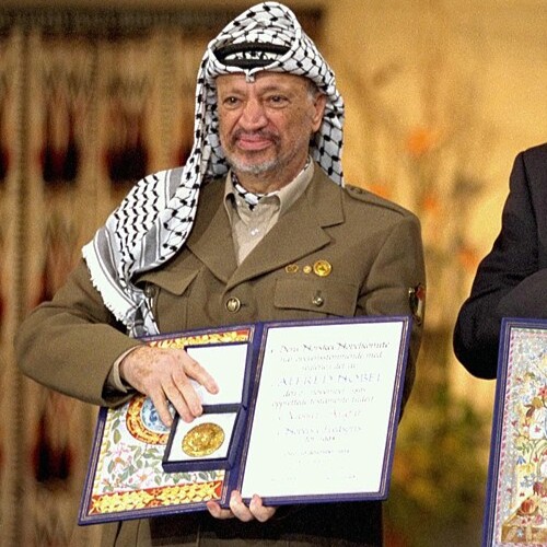 Yassar Arafat receiving his Noble Peace Prize in 1994