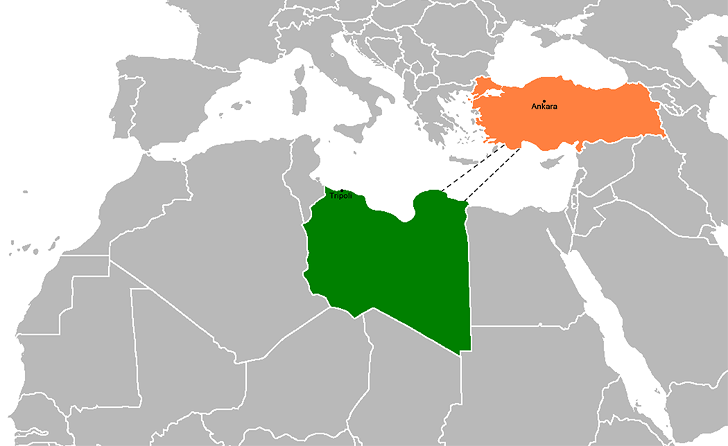 Map showing Turkey and Libya highlighted across the eastern Mediterranean with Ankara and Tripoli marked.Greece and Egypt are among the regional governments opposing the Turkey-Libya maritime deal.