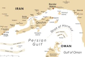 Map of Iran’s Qeshm and Larak islands in the Strait of Hormuz near Bandar Abbas and Oman.