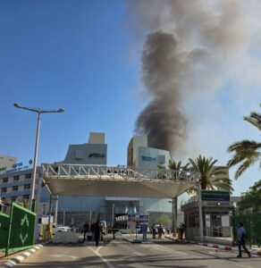Smoke rising from Soroka Medical Center in Be’er Sheva after an Iranian ballistic missile strike.