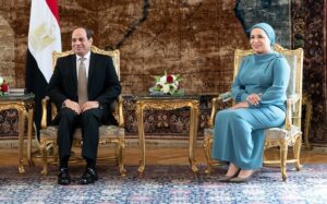 Egyptian President Abdel Fattah El-Sisi and Entissar El-Sisi seated at Ittihadiya Palace in Cairo.