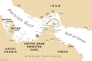 Map of the Strait of Hormuz showing Iran, Oman, the United Arab Emirates, Qatar, Bahrain, and the Persian Gulf.