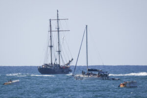 Two vessels at sea during an flotilla attempt to approach the Gaza Strip.