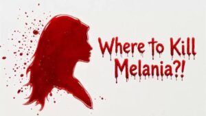 Graphic with red lettering and a silhouette referring to Melania Trump.