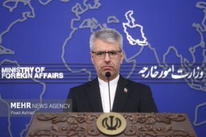 Iranian Foreign Ministry spokesperson Esmail Baghaei speaking at a press conference.