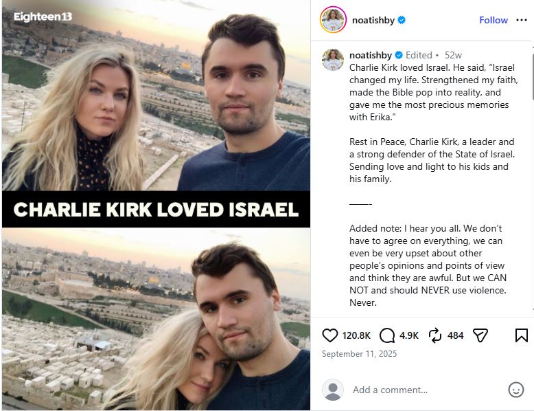 Charlie and Erika Kirk with Jerusalem in background