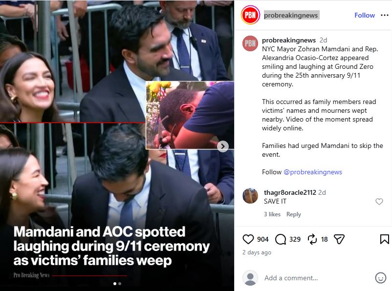 social media screenshot of mamdani and aoc laughing at 9/11 ceremony