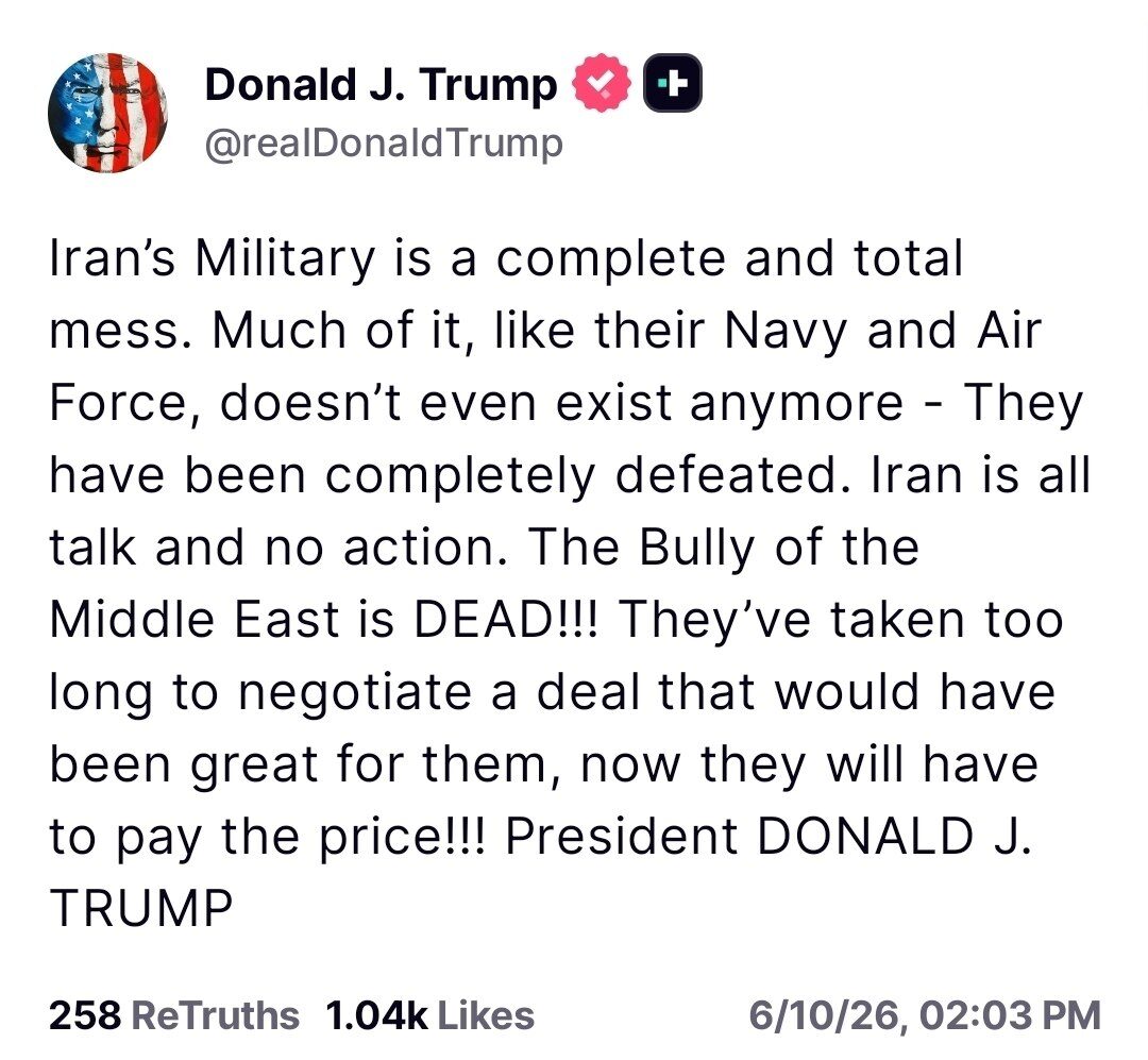 Screenshot of Donald Trump’s Truth Social post criticizing Iran’s military and warning Tehran will pay the price for delaying negotiations.