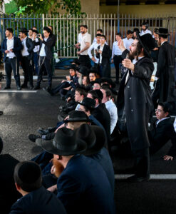 Ultra-Orthodox Jewish men protesting against the draft near Bnei Brak.