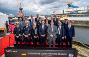 Israeli and German officials at the departure ceremony for INS Drakon in Kiel, Germany.