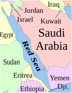 Map of the Red Sea showing Israel, Jordan, Saudi Arabia, Yemen, Egypt, Sudan, Eritrea, and nearby countries.