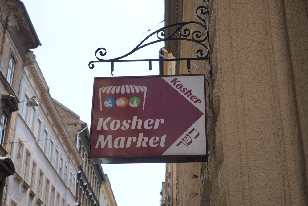 Kosher Market sign on a street in Budapest, Hungary