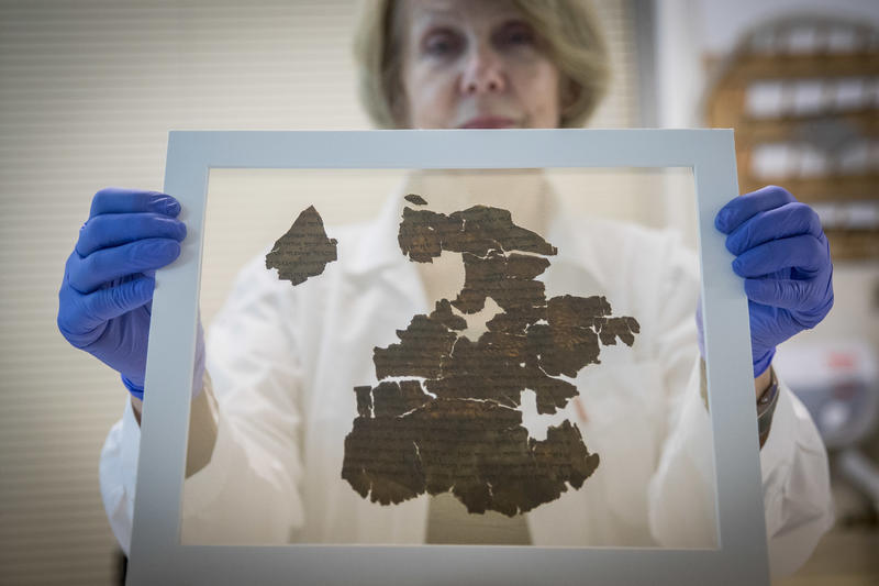 Lab worker holds up Dead Sea Scroll fragments in glass case