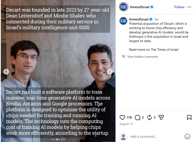 times of israel instagram post about decart and picture of the two founders