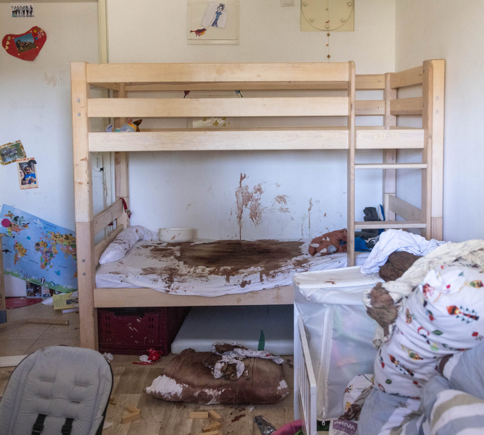 A destroyed child’s bedroom in Kibbutz Nir Oz after the Hamas attack on October 7.