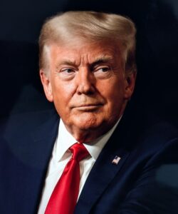 Donald Trump wearing a suit and red tie in a close-up portrait