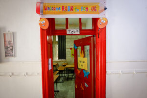 An empty elementary school classroom in Beit Hanina during the Jerusalem school strike.