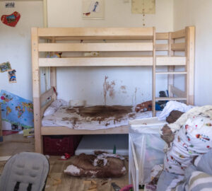 A destroyed child’s bedroom in Kibbutz Nir Oz after the Hamas attack on October 7.