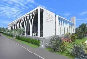 A rendering of the Centre An-Nour Islamic center with modern white architecture, patterned exterior walls, and landscaped grounds.