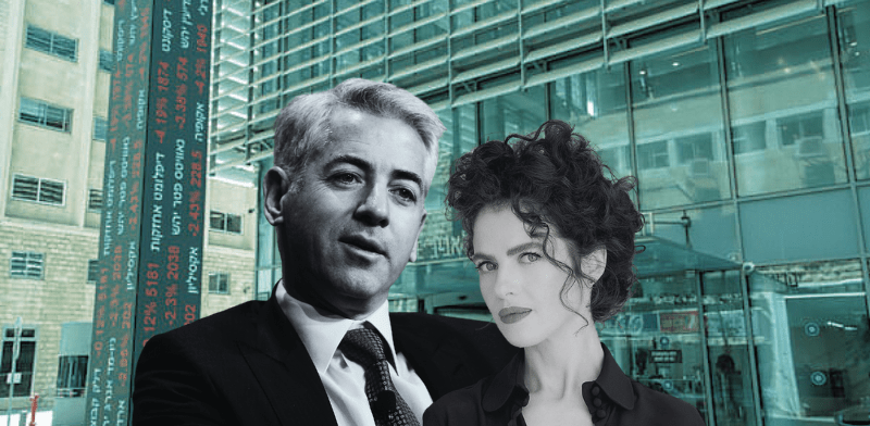 Bill Ackman and Neri Oxman pictured in a composite image with the Tel Aviv Stock Exchange in the background.