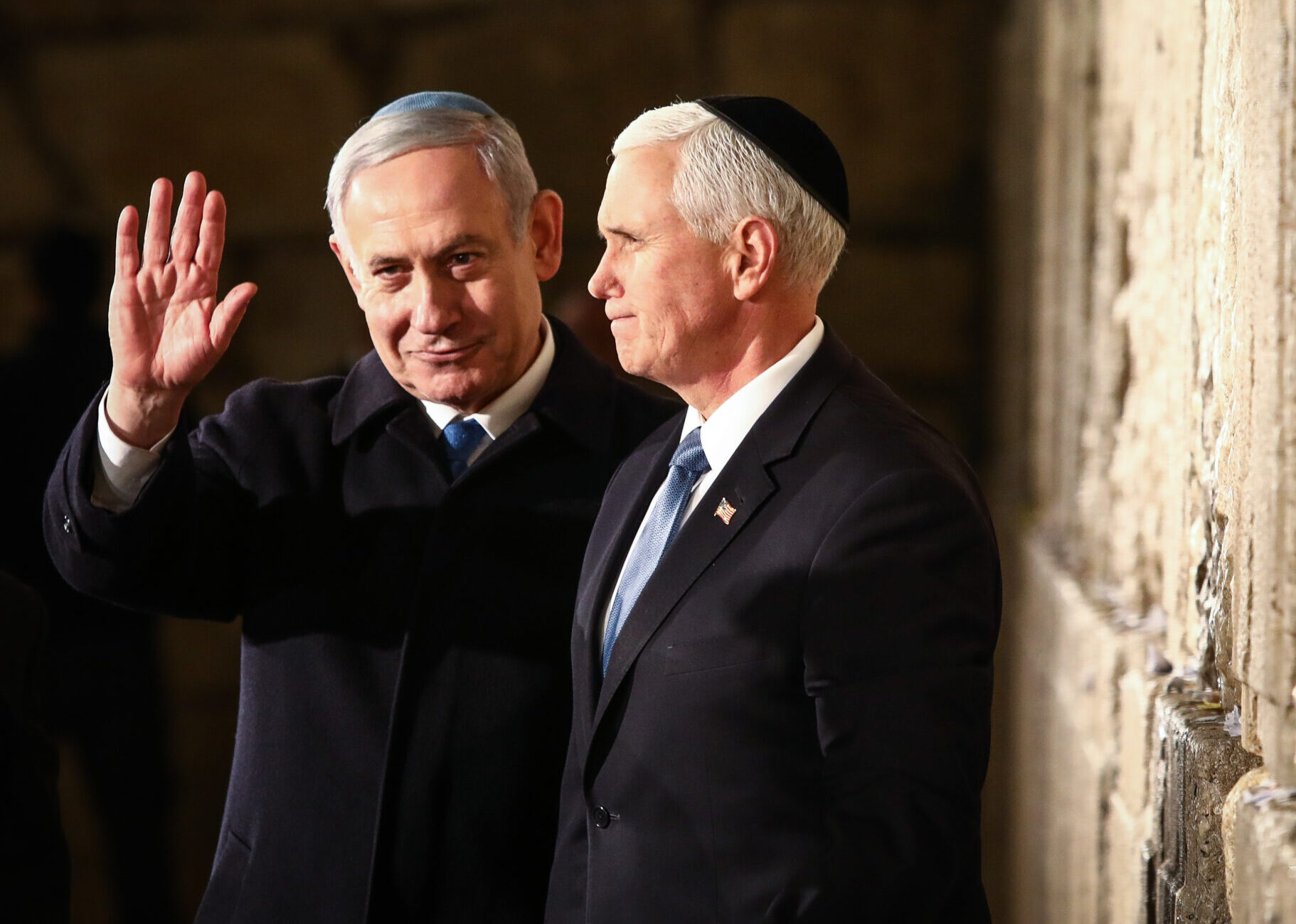 Benjamin Netanyahu and Mike Pence visit the Western Wall in Jerusalem.