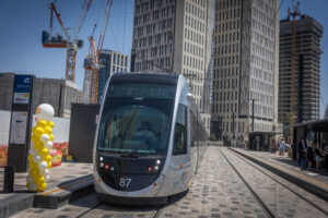 A Jerusalem light rail train on the new Green Line near the entrance to Jerusalem.