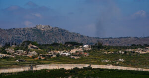 View of Beaufort Castle and destroyed houses in a village in southern Lebanon near the Israeli border.