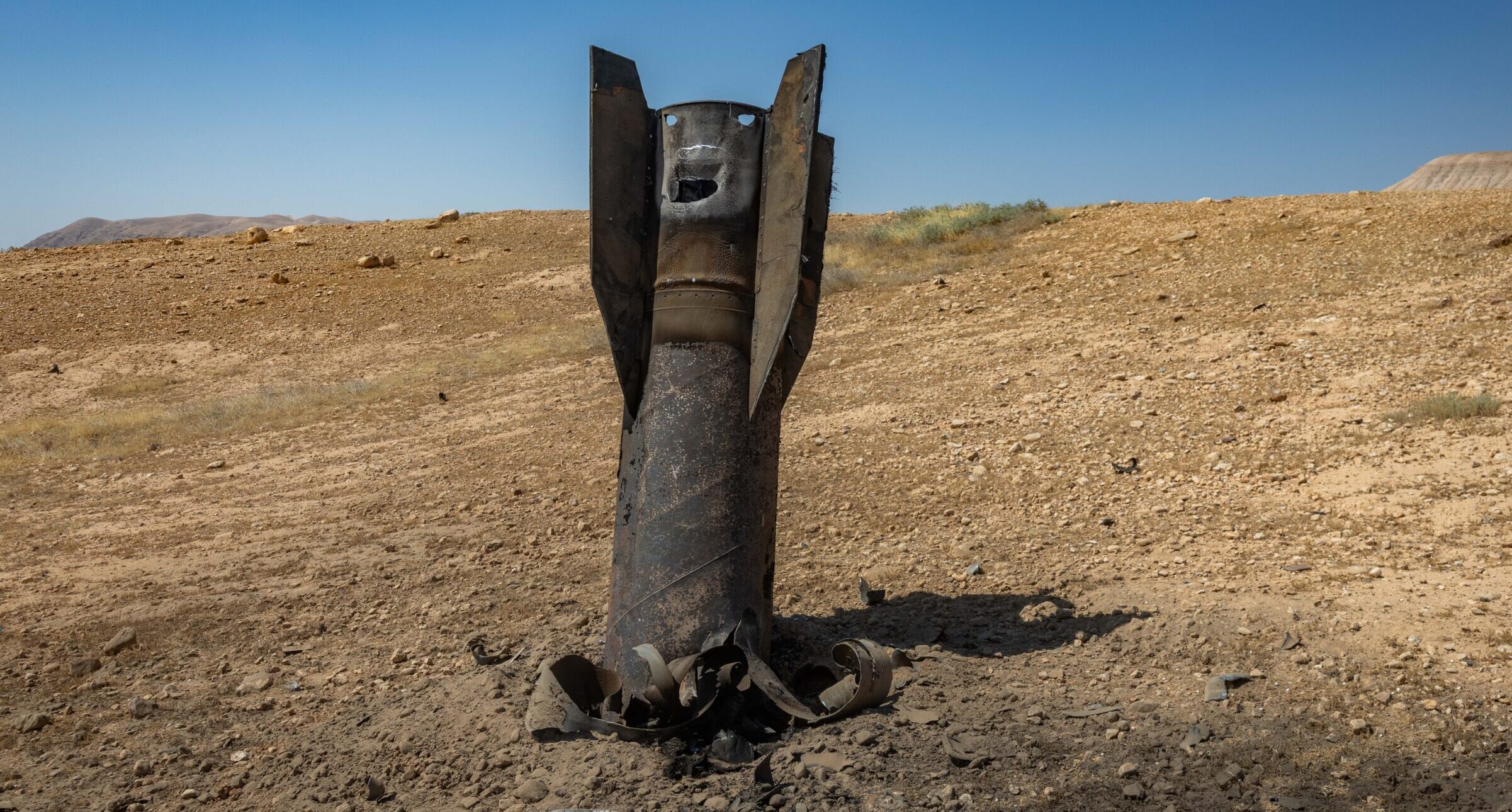 Part of an Iranian ballistic missile in the desert near Vered Jericho after being fired toward Israel from Iran.