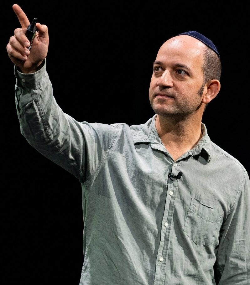Noam Shazeer wearing a kippah and speaking on stage