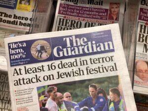 Newspaper front pages reporting on the Bondi Jewish festival terror attack in Australia.