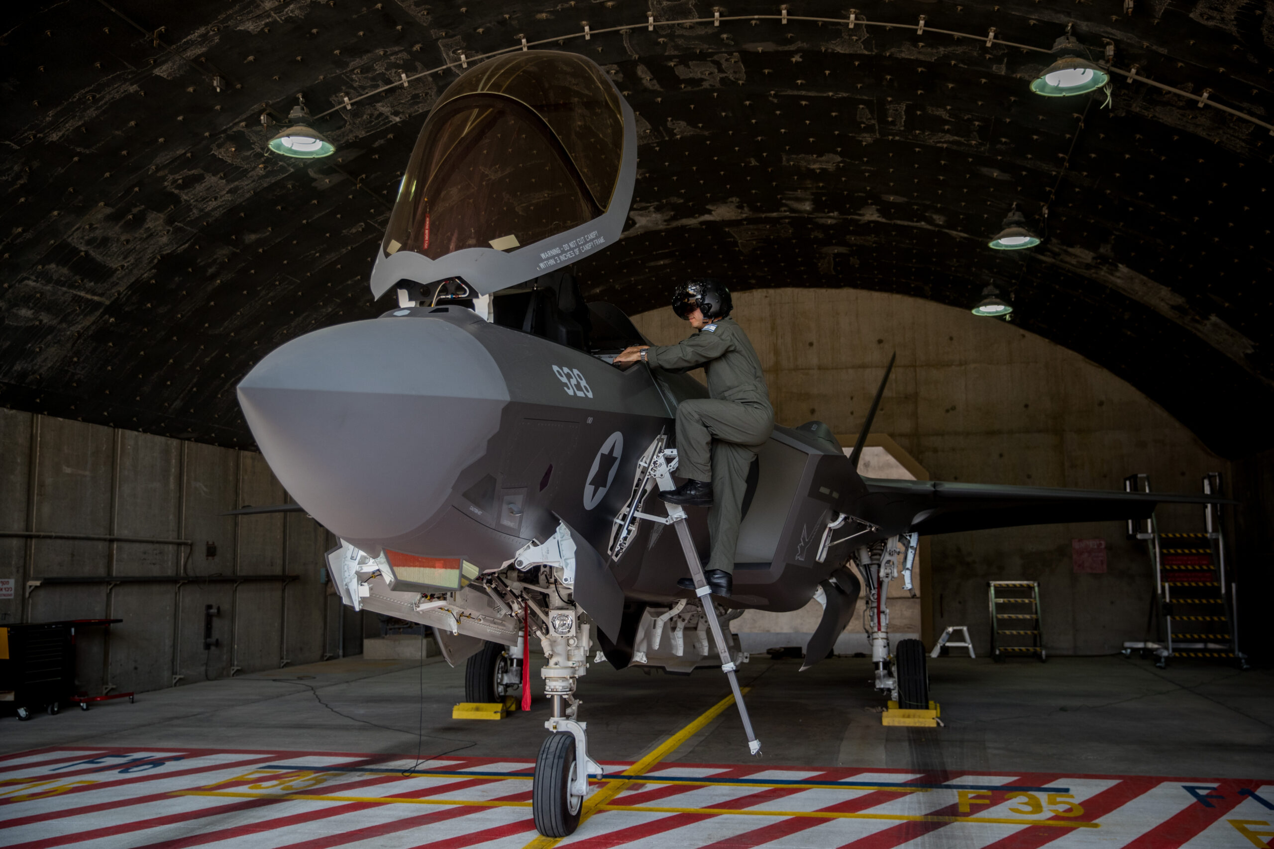 An Israeli F-35 fighter jet inside a hangar.