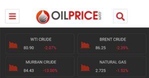 Screenshot of OilPrice.com showing WTI crude, Brent crude, Murban crude, and natural gas prices.