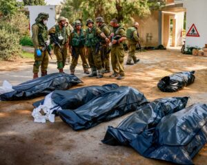 Israeli soldiers remove the bodies of civilians from Kibbutz Kfar Aza after the October 7 massacre.