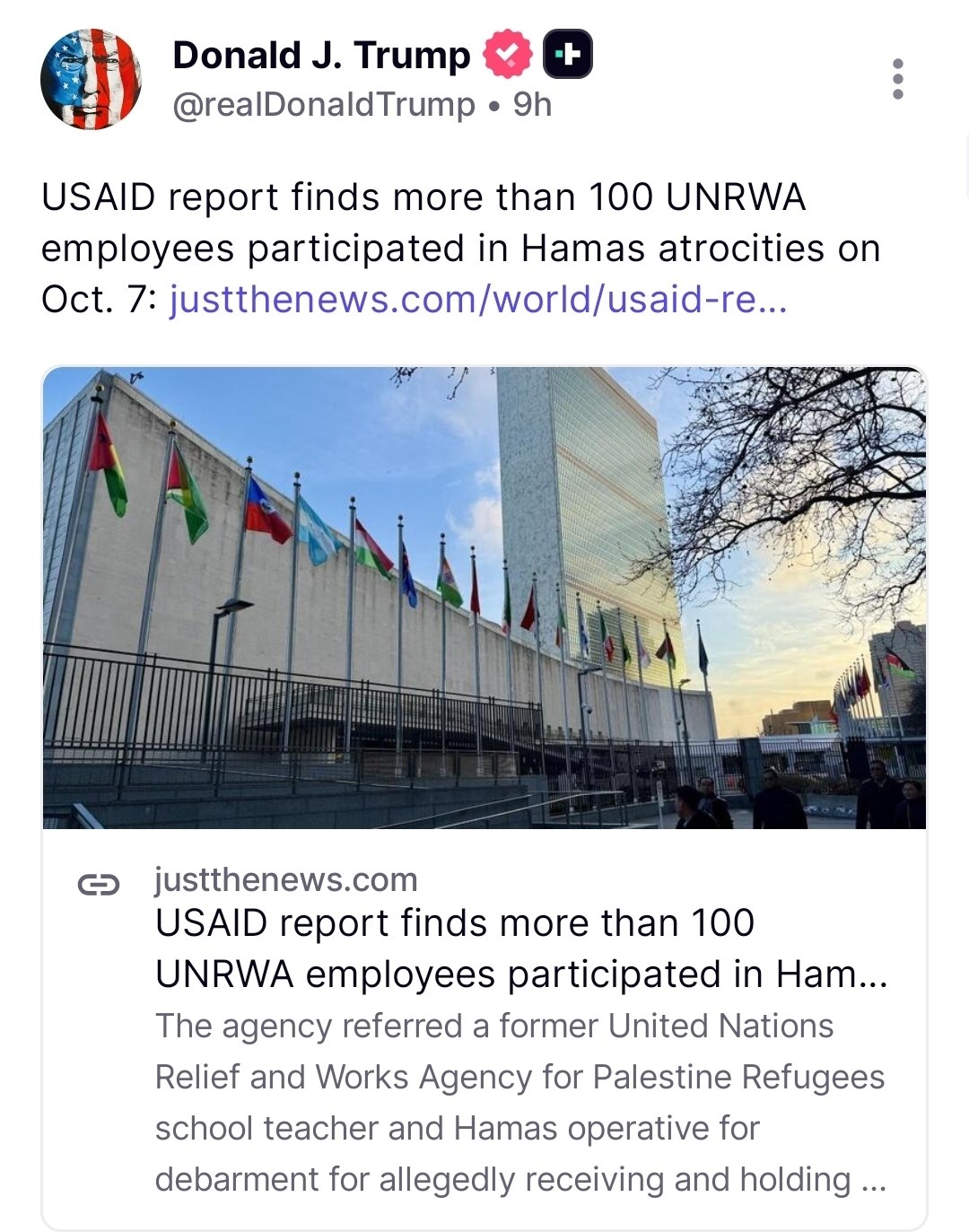 Screenshot of President Donald Trump sharing a report about UNRWA employees and the October 7 attacks.