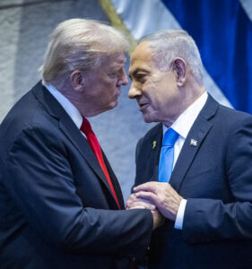 U.S. President Donald Trump with Israeli Prime Minister Benjamin Netanyahu during a special plenum session in honor of President Trump at the Knesset, October, 2025.