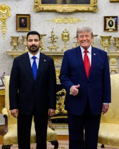 President Donald Trump stands with Iraqi Prime Minister Ali al-Zaidi at the White House.