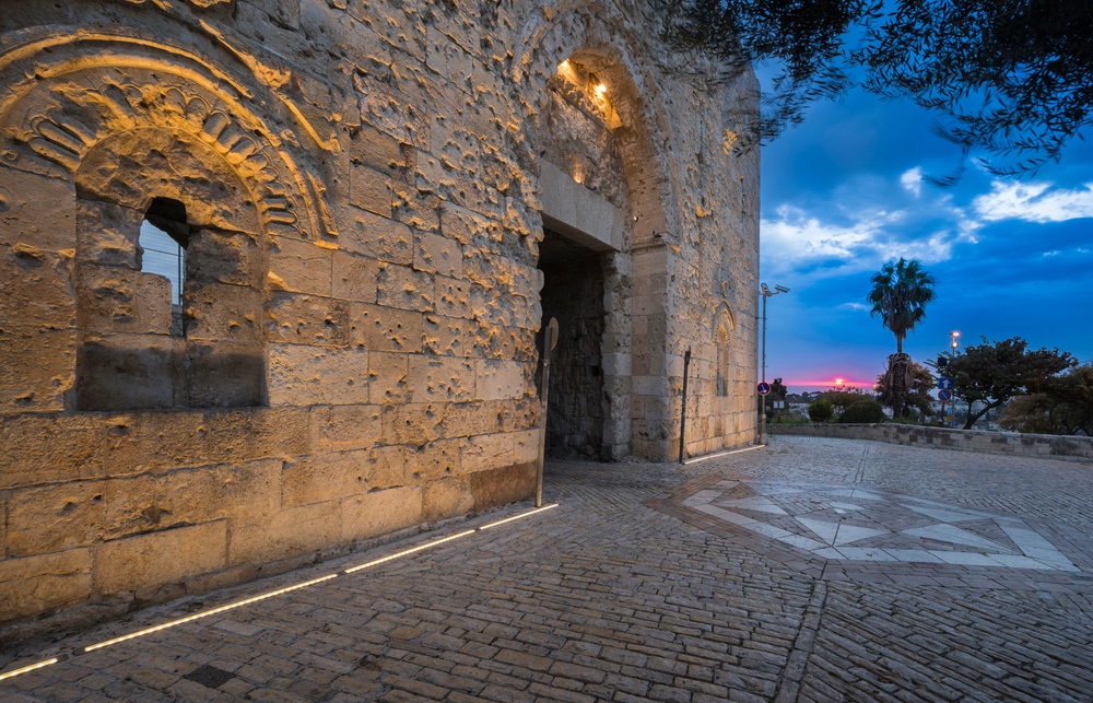 Zion Gate at dusk, Bullet Holes from 1948 War of Independence, Old City, Jerusalem