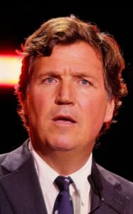 two side by side pictures of Tucker Carlson. One from his younger years, one of recent.