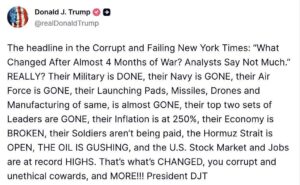Screenshot of President Donald Trump’s Truth Social post criticizing The New York Times over a war headline.