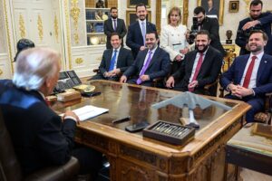 President Donald Trump meeting with Marco Rubio, J.D. Vance, Syrian Foreign Minister Asaad al-Shaibani, and Syrian President Ahmed al-Sharaa.