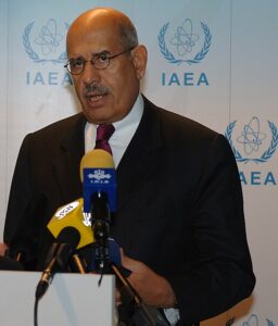 Former IAEA Director General Mohamed ElBaradei speaks to reporters during a press briefing in Vienna.