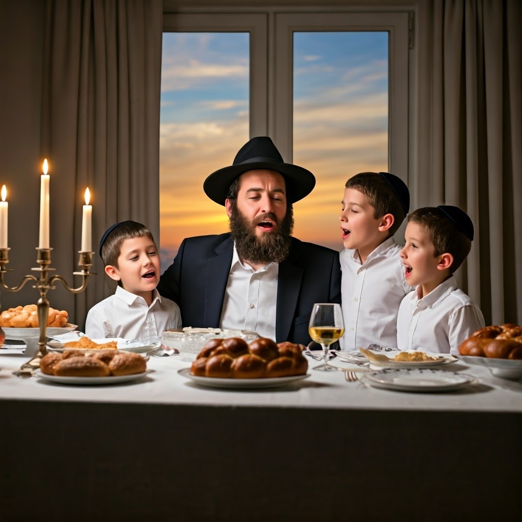 Jewish father and sons singing shabbat zemirot, AI image