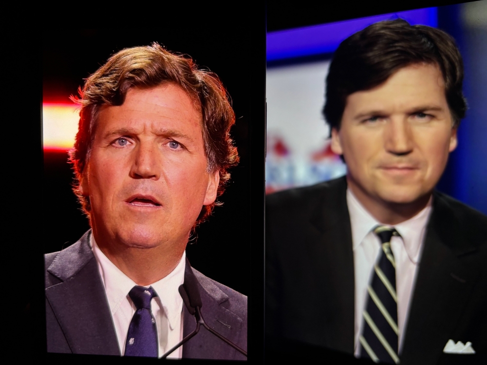 two side by side pictures of Tucker Carlson. One from his younger years, one of recent.