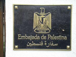 A sign for the Palestinian embassy in Bogotá, Colombia.