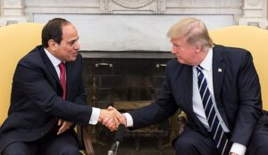 President Donald Trump shakes hands with Egyptian President Abdel Fattah el-Sisi at the White House.