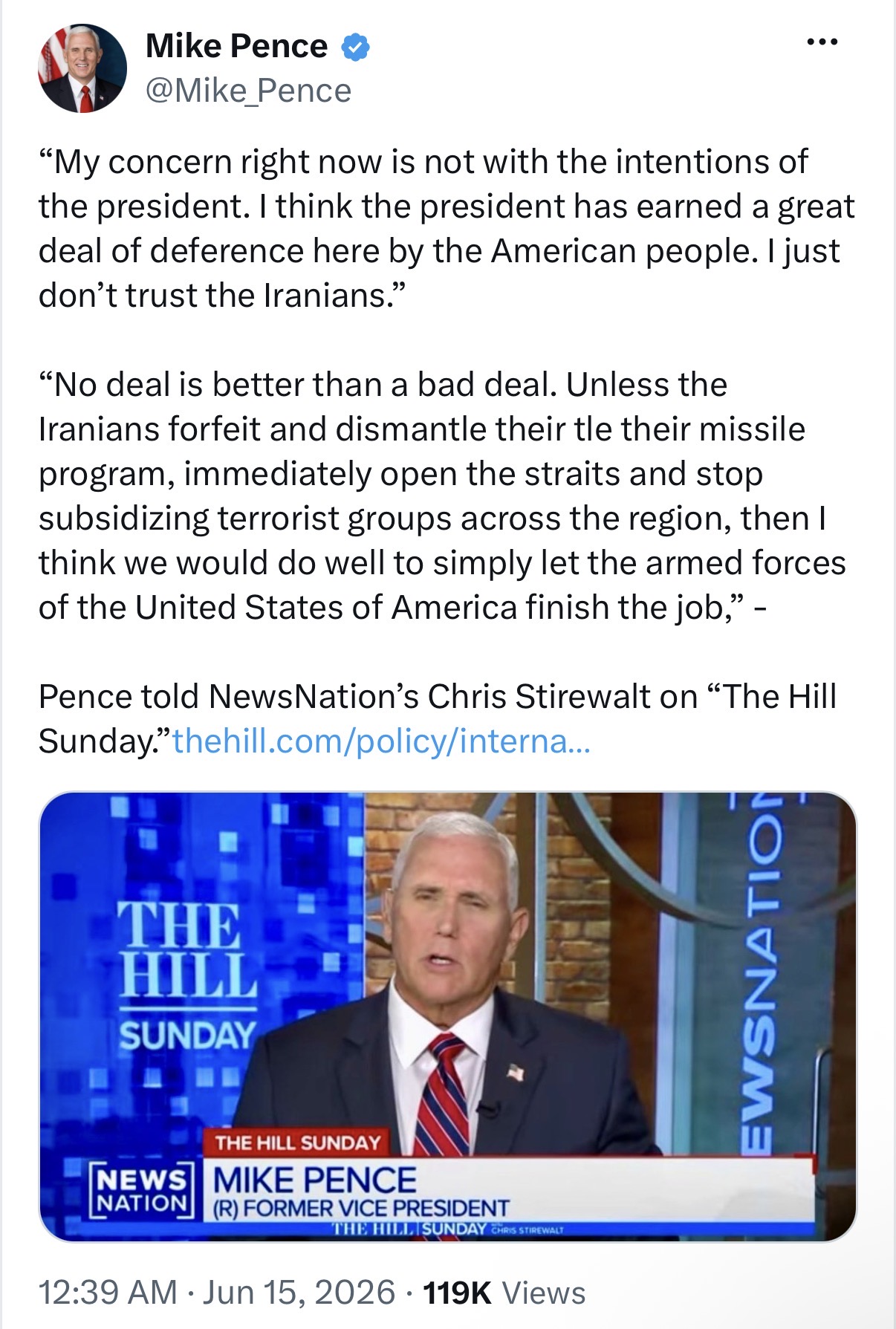 Mike Pence X post warning that he does not trust Iran and that no deal is better than a bad deal.