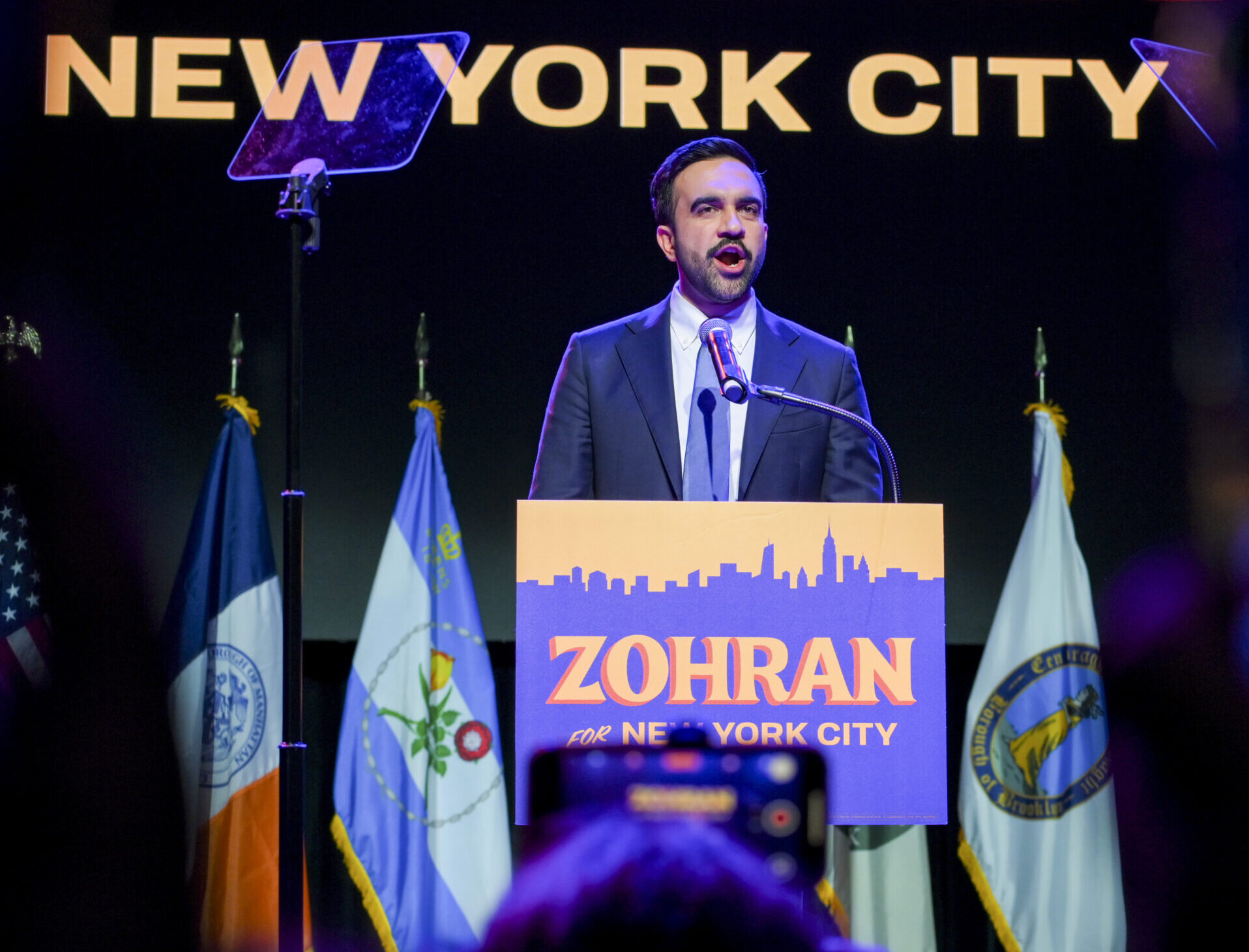 Zohran Mamdani speaking at a rally in Brooklyn after winning the New York City mayoral race.