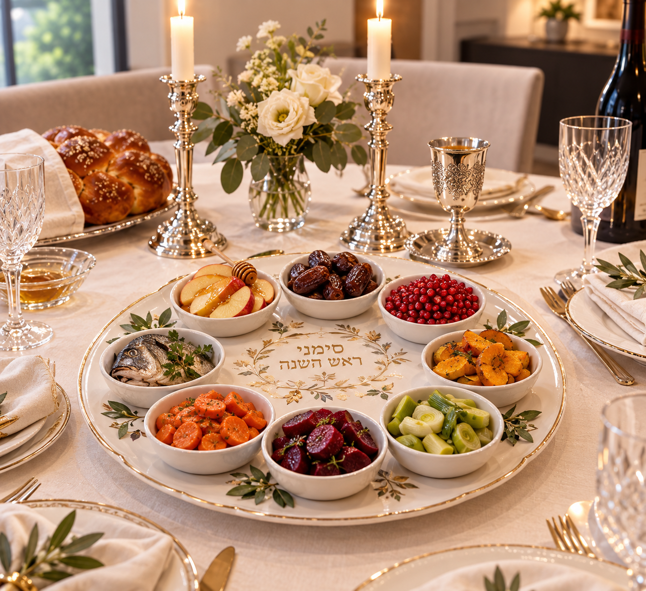 Rosh Hashana dinner table with simanim platter