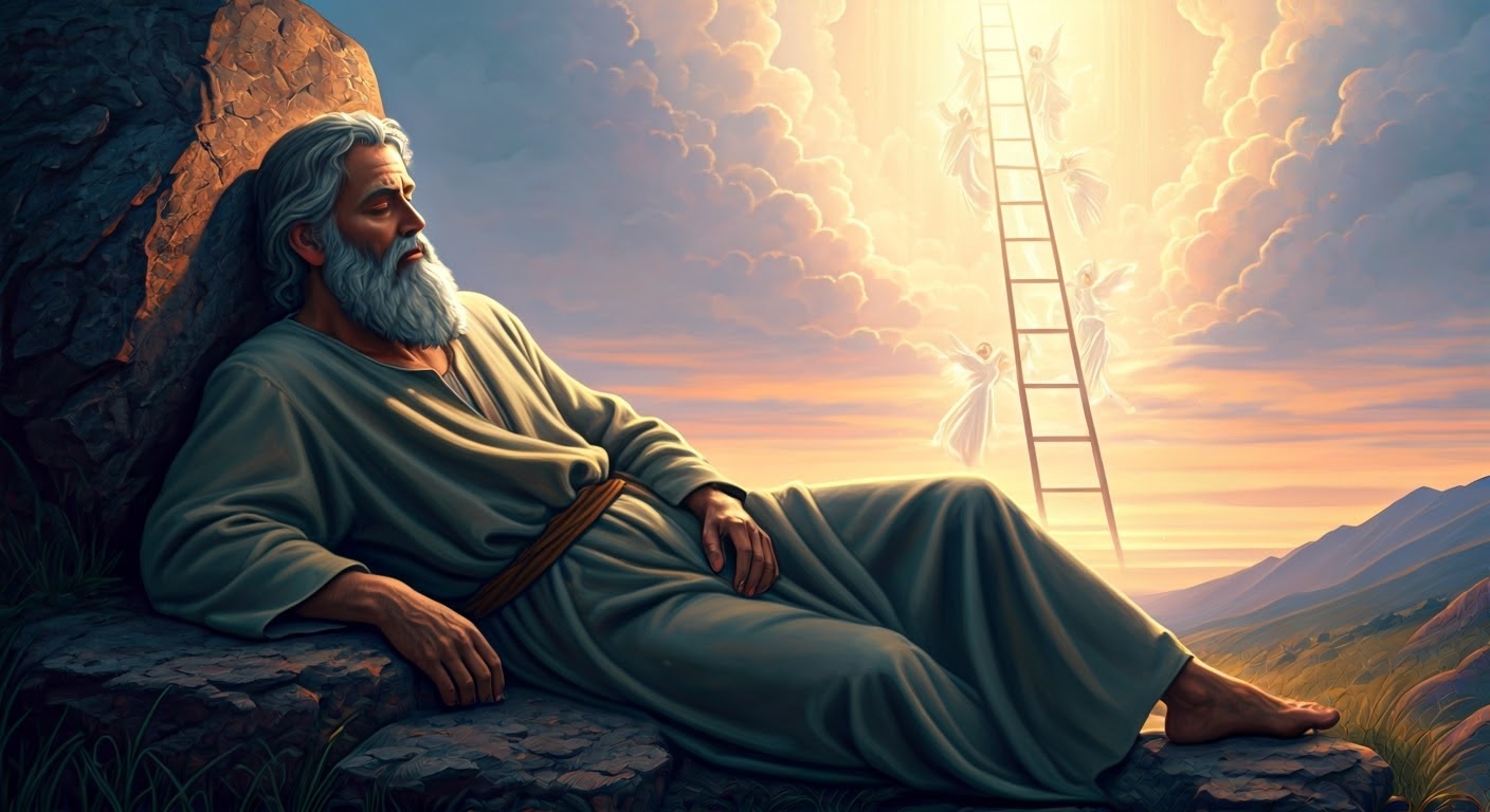 Colored illustration of Jacob's Ladder to Heaven